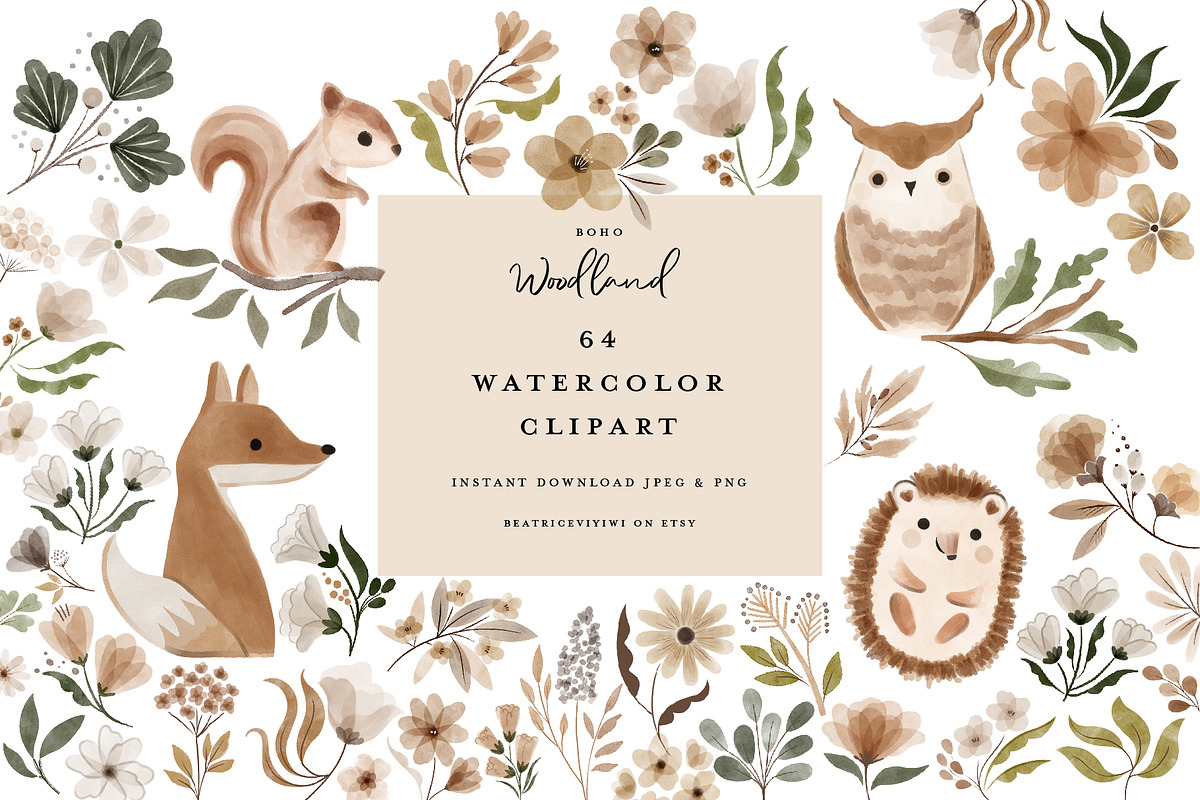 Watercolor woodland animal Clipart, an Animal Illustration by beatriceviyiwi (Photo 1 of 5)