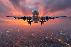 Airplane landing over city sunset vi, a Photo by Pixeness Studio