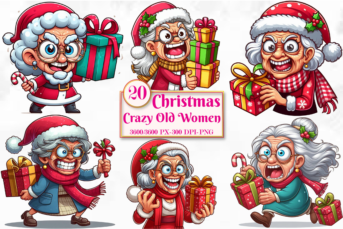 Christmas Crazy Old Women PNG, a Seasonal Illustration by Craft Nest (Photo 1 of 4)
