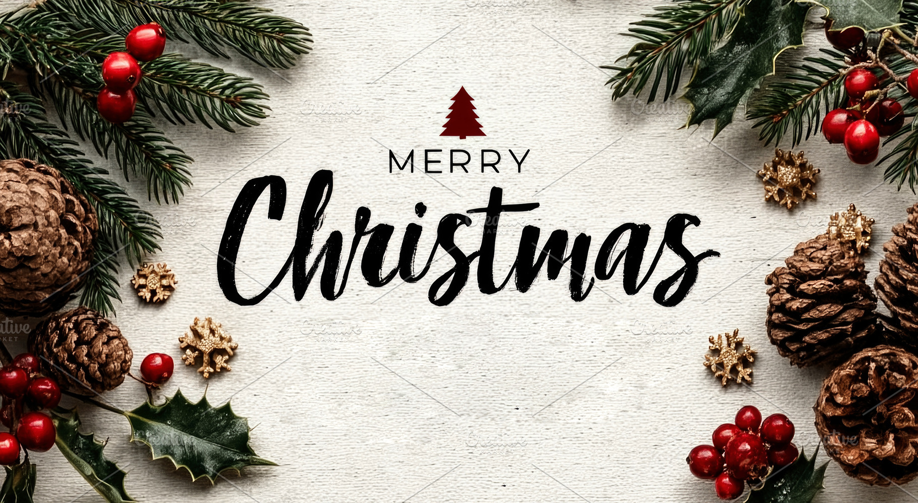 Merry Christmas Rustic Holiday Greeting Card with Pine Cones and, a Background Photo by José Manuel Gelpi