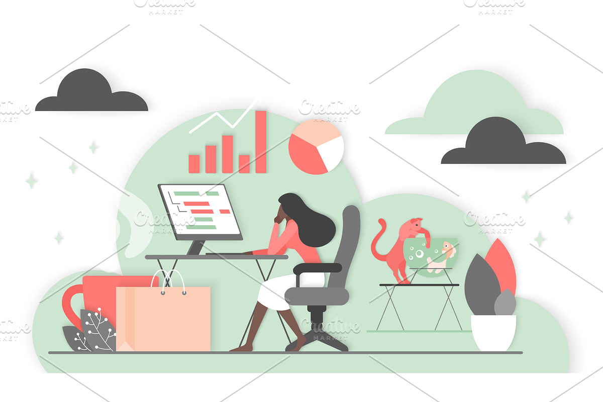 Woman Working From Home With Cloud, a Technology Illustration by Lemberg Vector