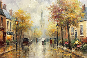 Autumn rain falling on a European city street with horse carriag, an Illustration by Studio ANNA
