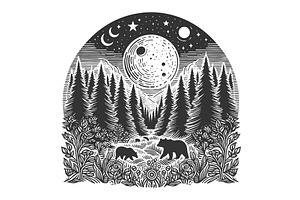 Moonlit Forest Scene with Bears and, an Illustration by AlexArt