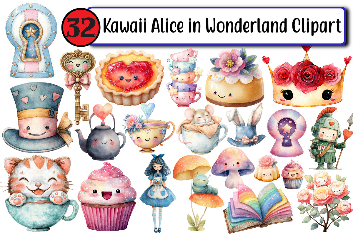 Kawaii Alice in Wonderland Clipart, an Illustration by Design Market (Photo 1 of 3)