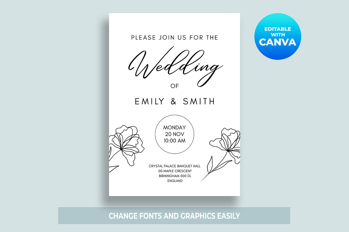 Minimalist Floral Wedding Invitation, an Invitation Template by M9 Design (Photo 2 of 5)