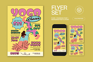 Yellow Quirky Yoga Class Flyer Set, a Flyer Template by graphicook