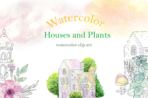Watercolor Houses and Plants