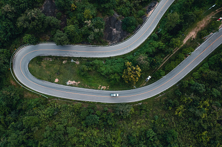 mountain road and green trees from above, a Nature Photo by Art Rachen