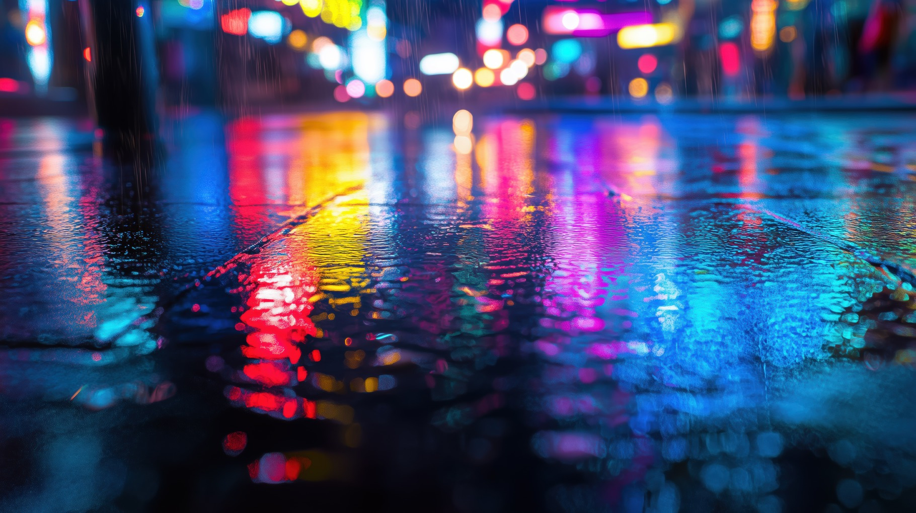 A vibrant city street at night, reflecting colorful neon lights on wet ...