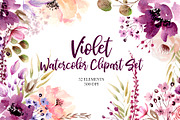 Violet Watercolor Clipart elements, an Illustration by Anis Illustration (Thumbnail 1 of 3)