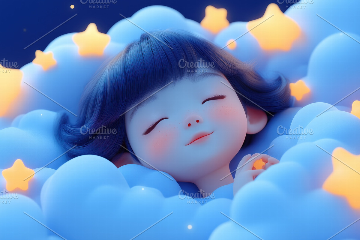 A cute animated character with blue hair sleeping peacefully on fluffy ...