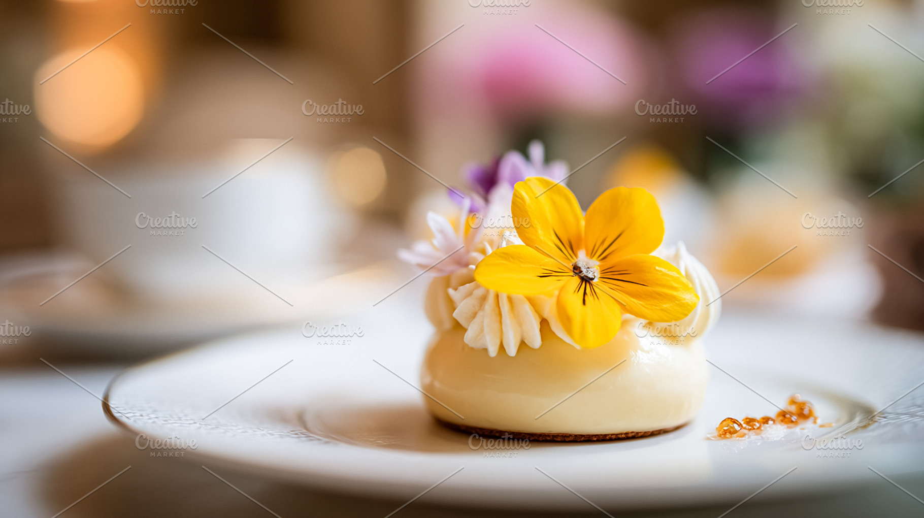 Gourmet pastry with edible flower decoration on a white plate, s, a Food & Drink Photo by Studio ANNA