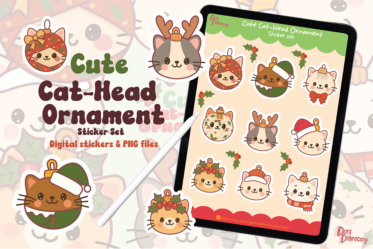 Cute Cat-Head Ornament Sticker Set, an Illustration by Dori Debreceni draws (Photo 2 of 4)