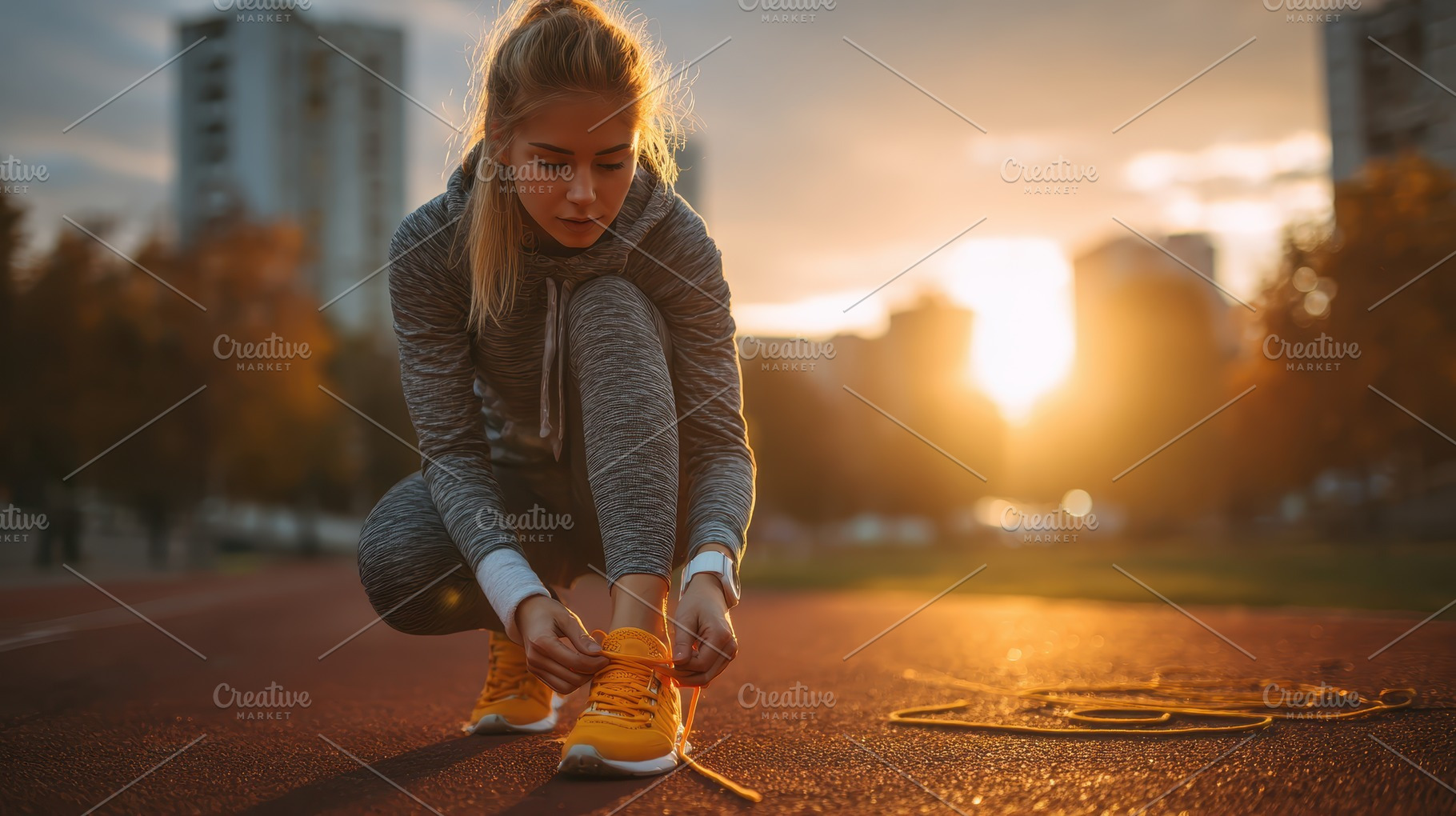 Woman tying shoelaces sunset workout, a Photo by Pixeness Studio