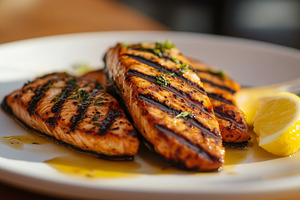 Juicy grilled salmon fillets served, a Food & Drink Photo by MistyDay