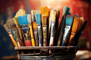 Paintbrushes in a bucket, close-up,, a Photo by Iftikhar Alam