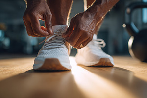 Tying shoelaces on athletic shoes in gym, a Sports & Recreation Photo by AlyaAnd