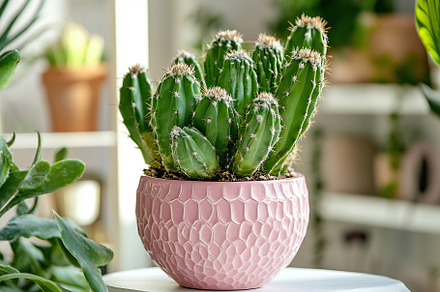 Cactus arrangement in a decorative pink pot placed indoors at a bright, green-f, a Nature Photo by AlyaAnd
