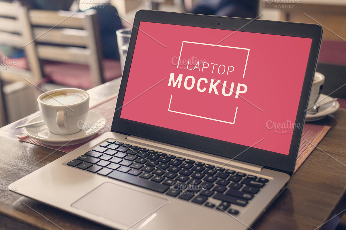 Laptop mockup on coffee shop desk, a Books & Magazine Mockup by RSplaneta