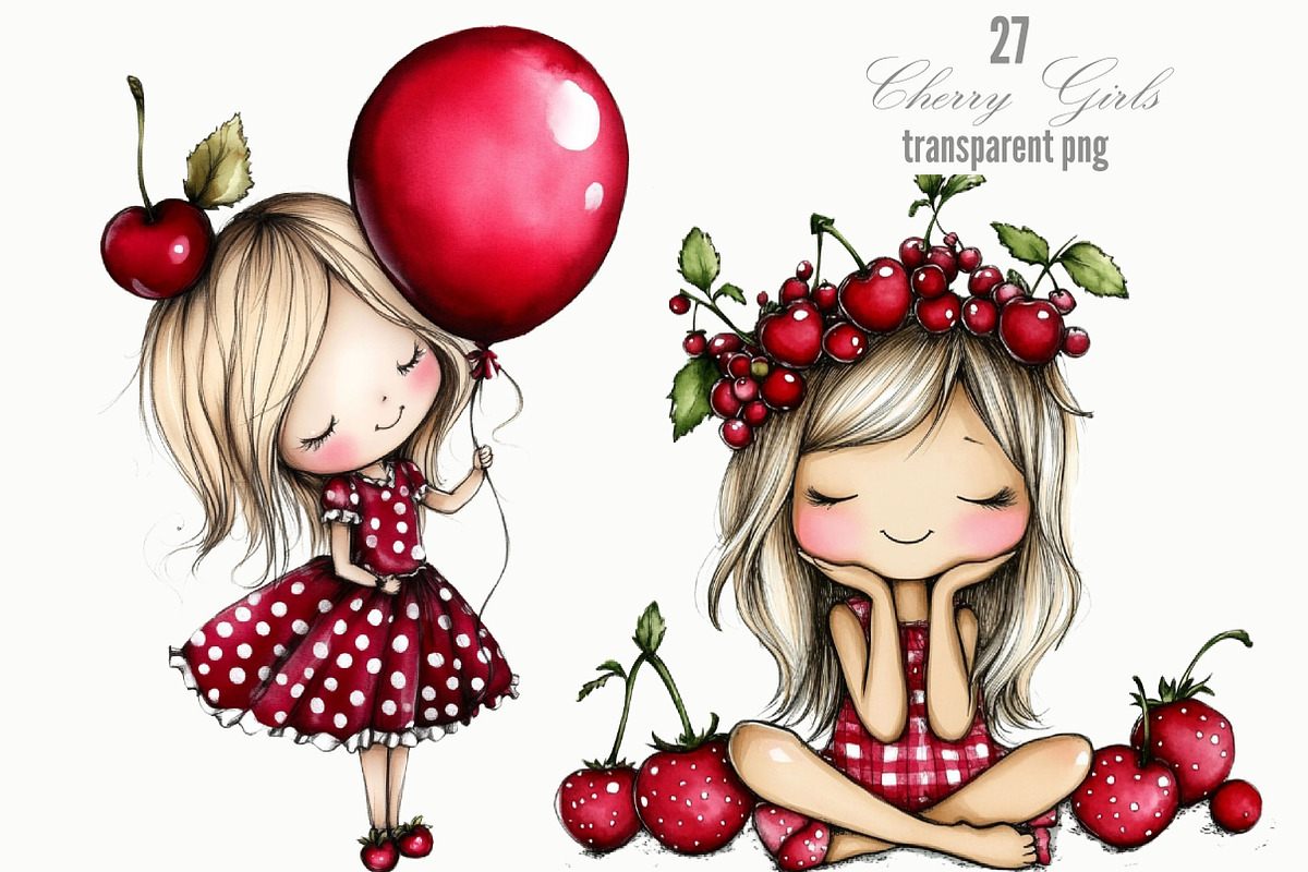 Watercolor Cherry Girls Clipart, a Person Illustration by Designking (Photo 1 of 5)