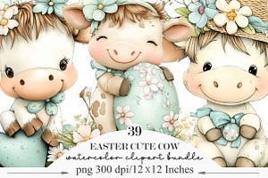 Whimsical Easter Cute Cow Clipart, an Illustration by Designking
