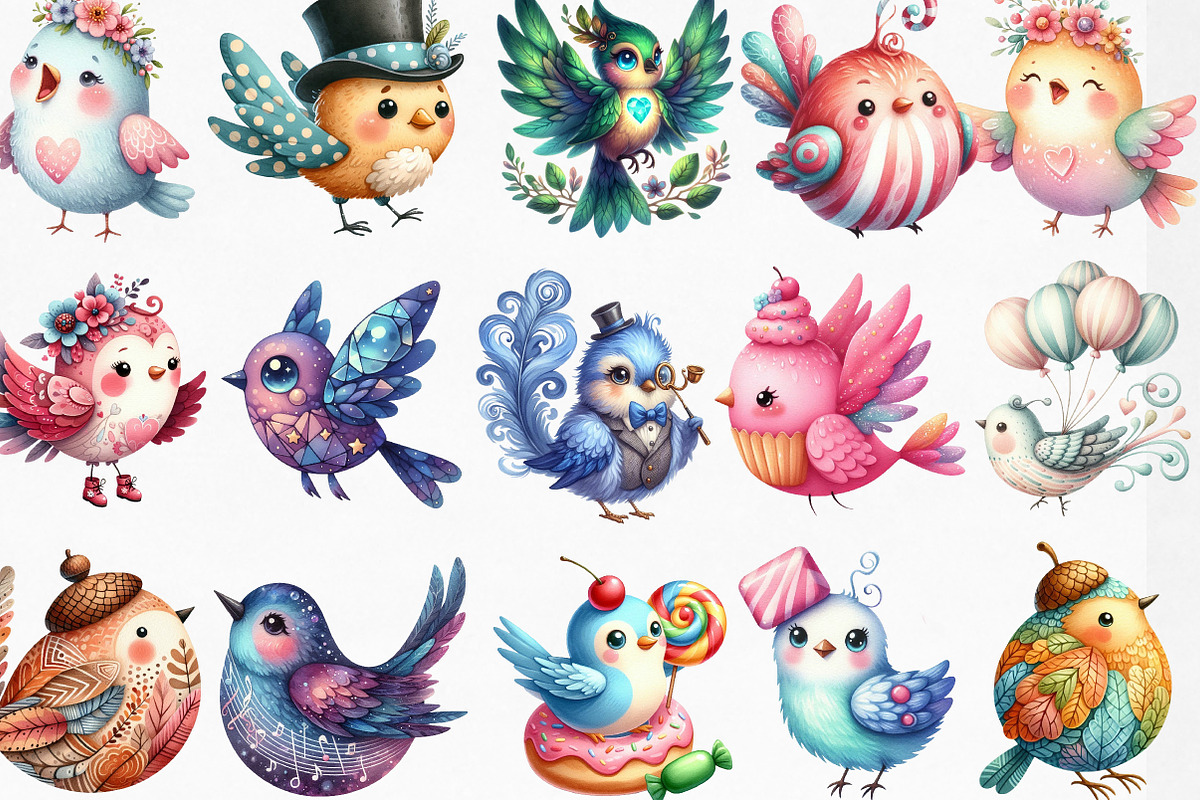 Watercolor Whimsical Birds Clipart, an Illustration by Designking (Photo 2 of 4)