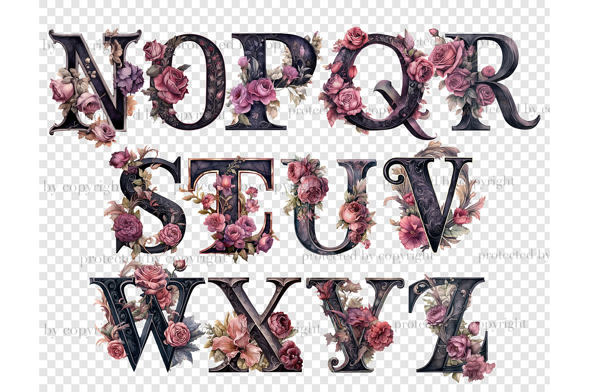 Gothic Flowers Watercolor Alphabet, a Decorative Illustration by GlamArtZhanna (Photo 6 of 7)