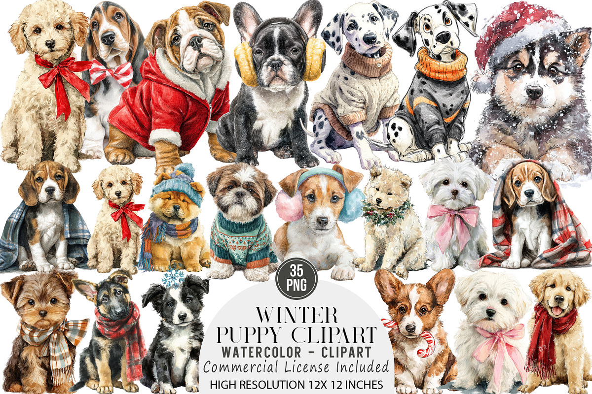 Watercolor Winter Puppy Clipart, an Illustration by DreamArtGraphic (Photo 1 of 4)