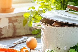 Kitchen with white pot and vegetable, a Photo by Dvoevnore photos
