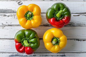 Ripe colorful peppers on wooden table, a Food & Drink Photo by AlyaAnd