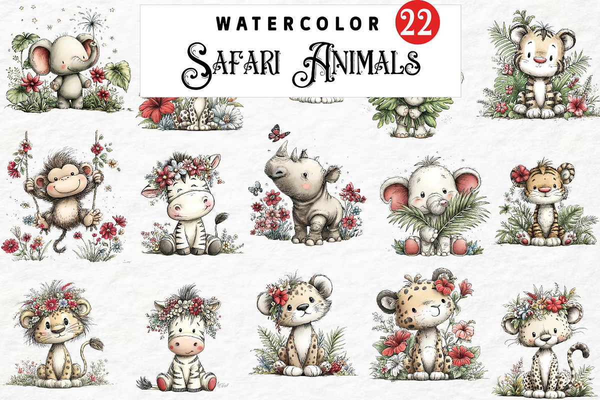 Safari Animals Whimsical Clipart, a Transportation Illustration by Watercolor design (Photo 1 of 6)