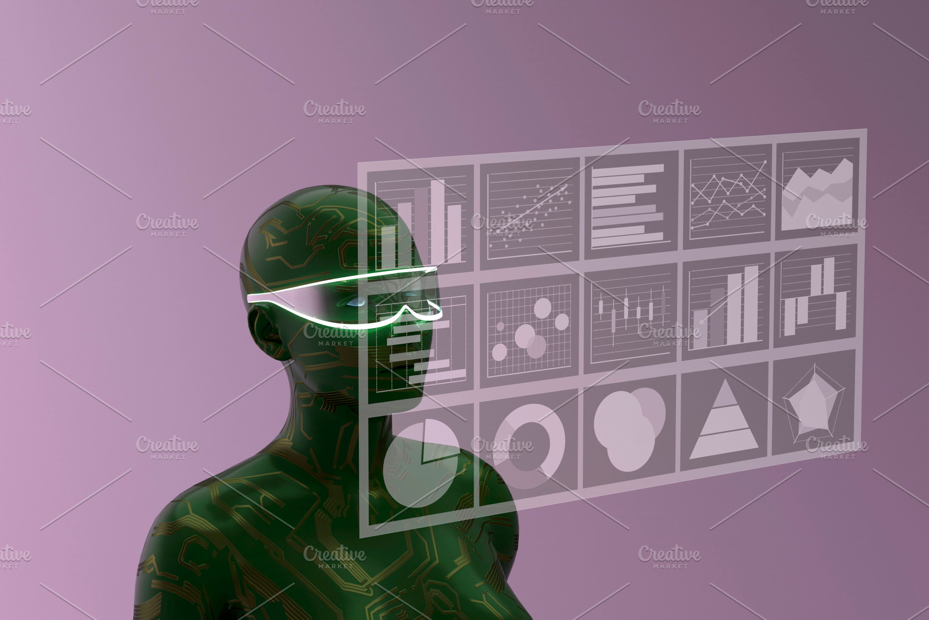 Green circuit humanoid with visor and data screens, a Technology Photo by RF Images