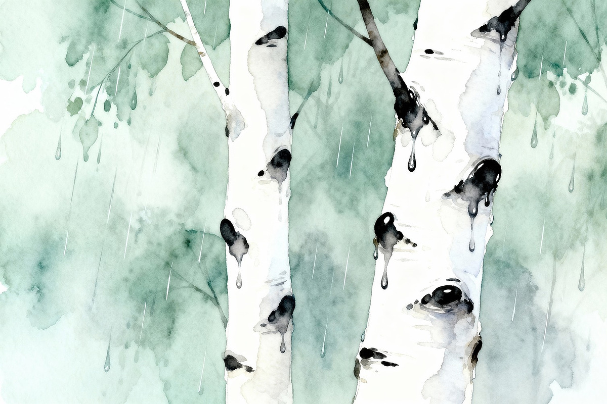 Birch Trees in a Rain Wallpaper, a Decorative Illustration by Virgo Studio