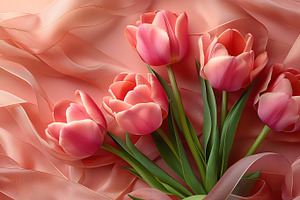 A bouquet of pink tulips elegantly arranged on soft, flowing fabric., a Business Photo by ImageMir