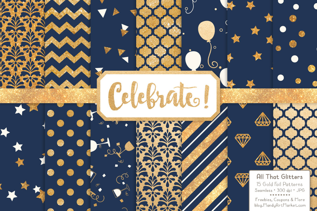 Gold Foil Digital Papers in Navy, a Pattern Graphic by Amanda Ilkov (Photo 1 of 4)