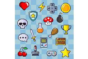 icon set of pixel art, an Object Illustration by studiogstock
