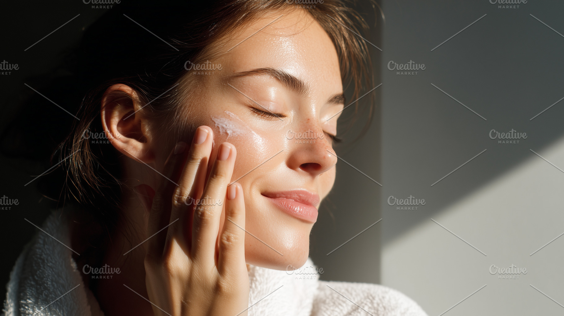 Young woman with radiant skin gently, a Beauty & Fashion Photo by MistyDay