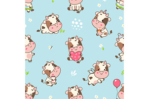 Kawaii cow seamless pattern. Funny, an Animal Illustration by Valerie Bodnar