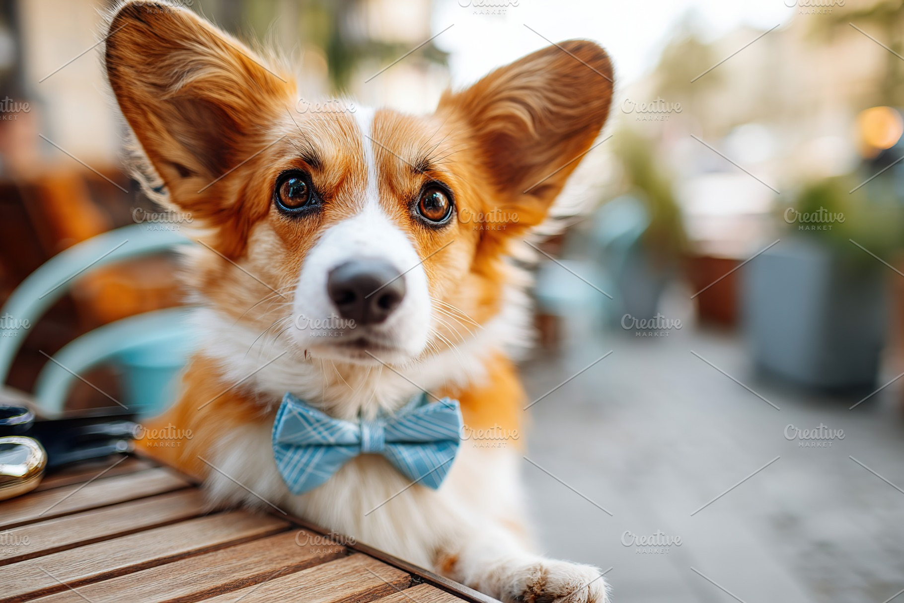 Cute corgi wearing a bow tie enjoying time at a city cafe, a Photo by AlyaAnd