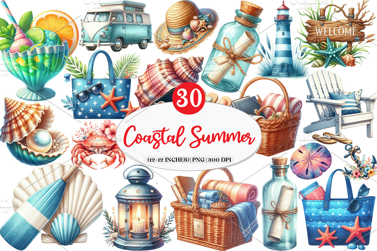 Coastal Summer Sublimation Clipart, an Illustration by Watercolor design (Photo 1 of 4)