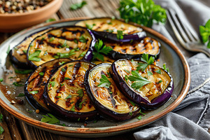Grilled eggplants in plate on wooden table, a Food & Drink Photo by AlyaAnd