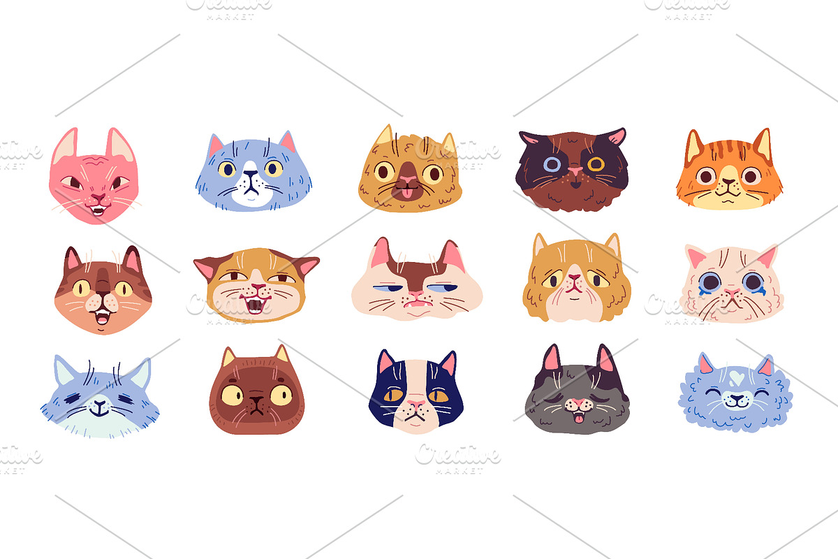 Set of funny and silly cat faces, an Animal Illustration by Ksania