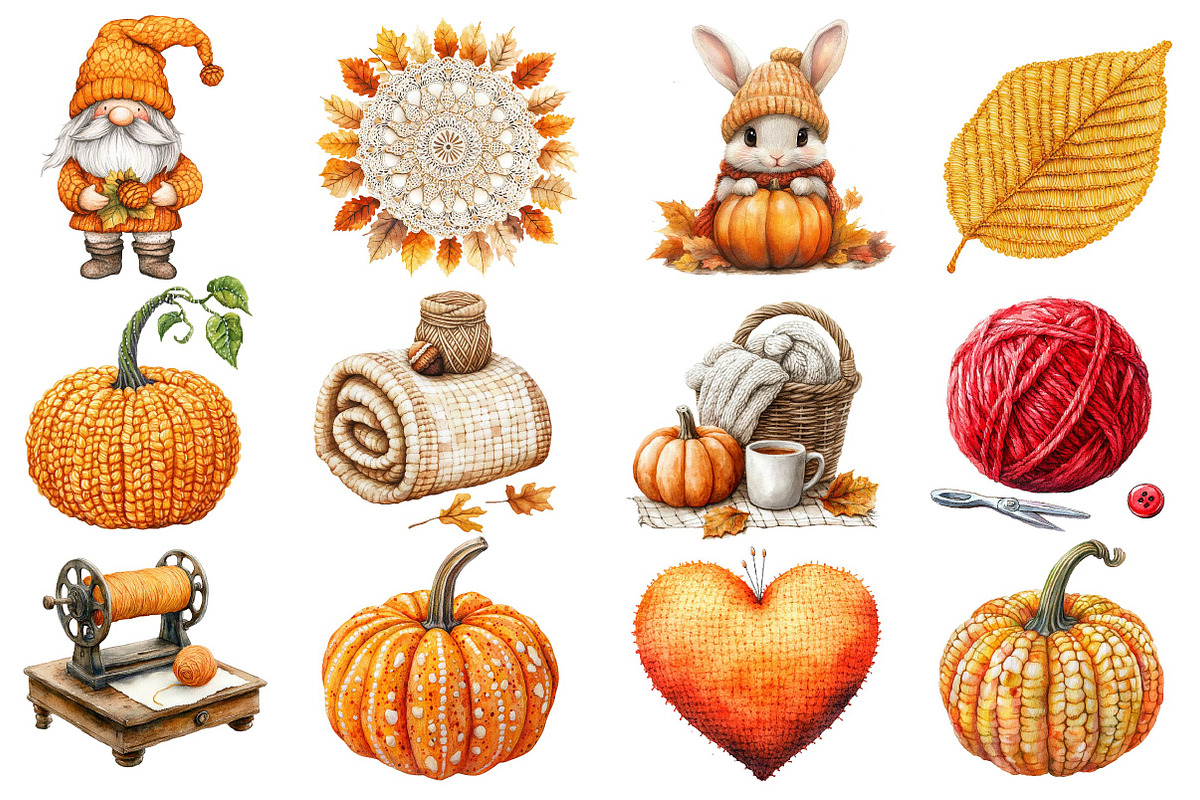Watercolor Crochet Autumn Clipart, an Illustration by Dream Creation (Photo 2 of 4)