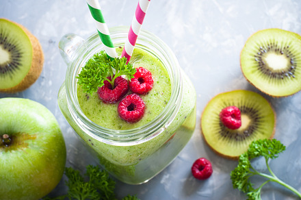 Green smoothie and ingredients containing above, apple, and beton, a Food & Drink Photo by Nadia-nb