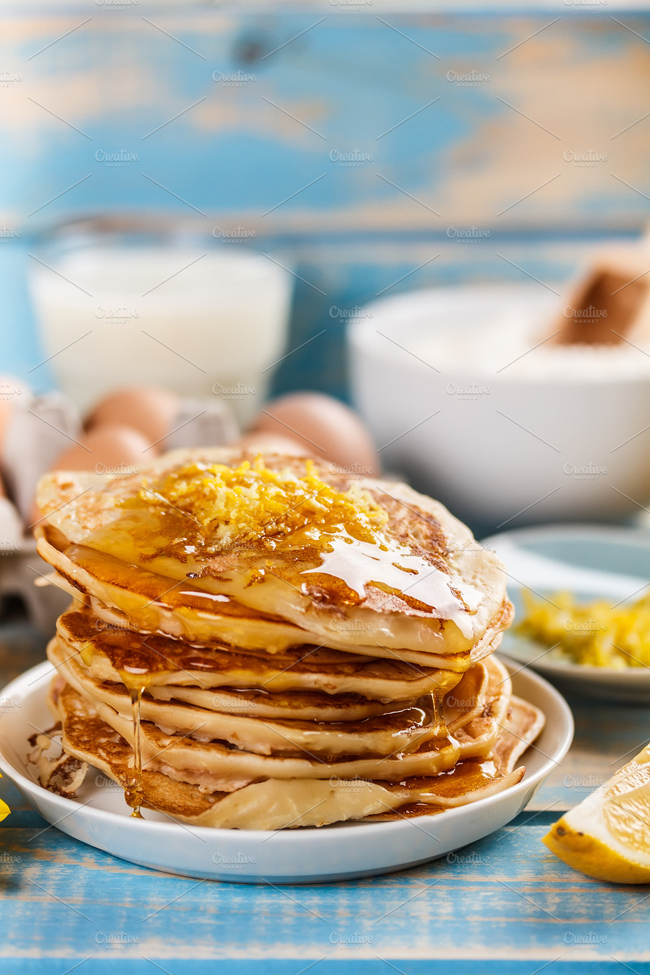 Pile Of Pancakes Featuring Breakfast Food And Honey