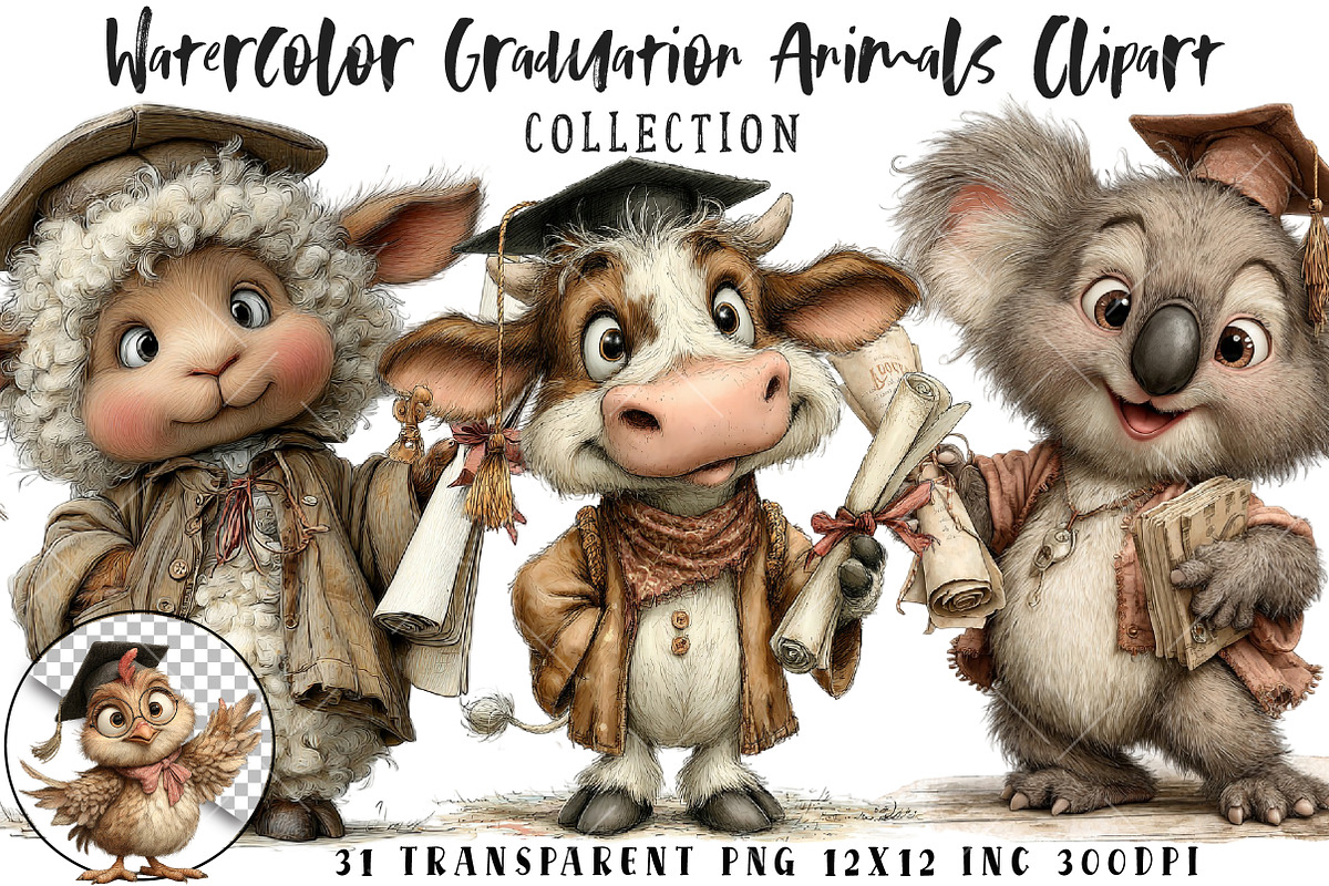 Watercolor Graduation Animals Clipar, an Illustration by OK Design (Photo 1 of 6)