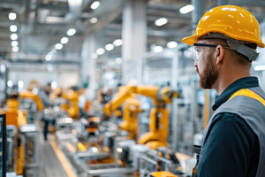 Factory worker observing automated machinery, an Industrial Photo by AlyaAnd
