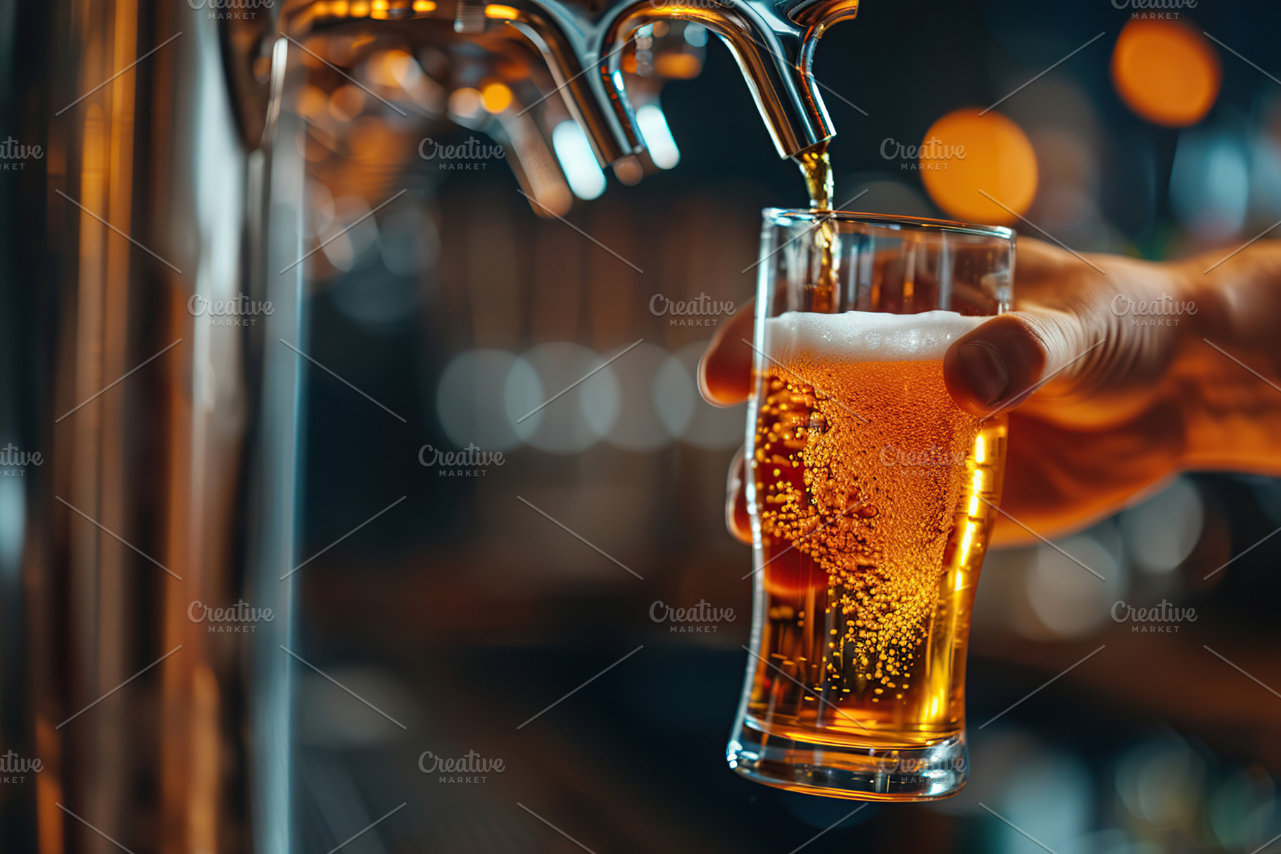 Bartender hand at beer tap pouring a beer in glass, a Food & Drink Photo by AlyaAnd