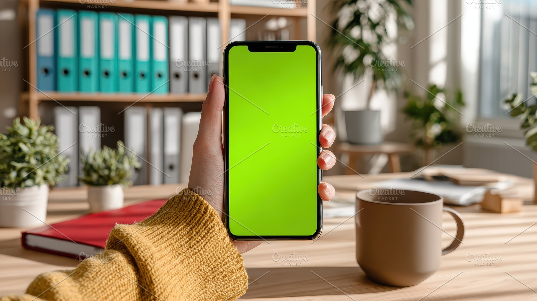 Hand holding smartphone green screen, a Photo by Pixeness Studio