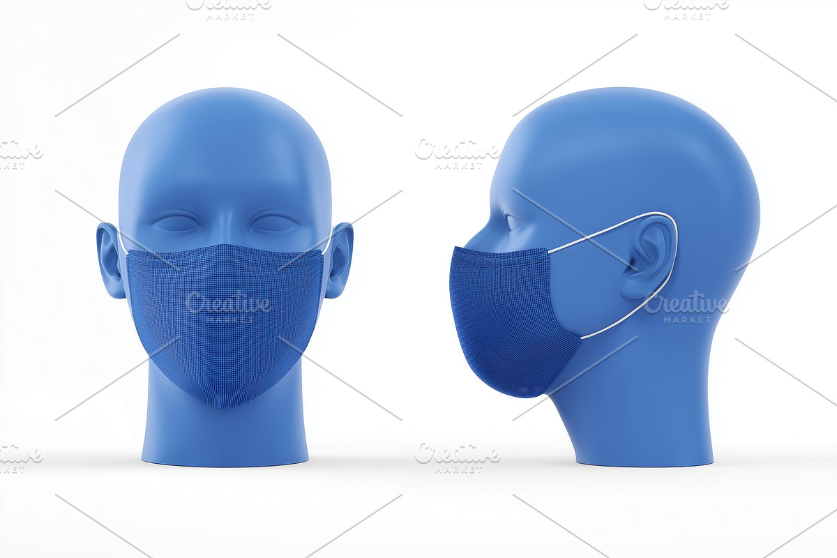 Two blue mannequin heads wearing blue textured face masks mockup, one in profil, a Mask Mockup by Textures & Backgrounds